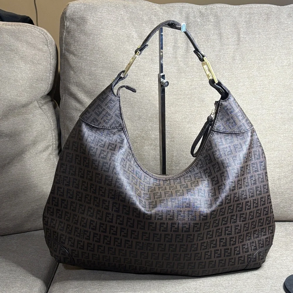 Authentic Fendi Dark Brown Zucchino FF Logo Hobo Bag with Gold-Tone Accents